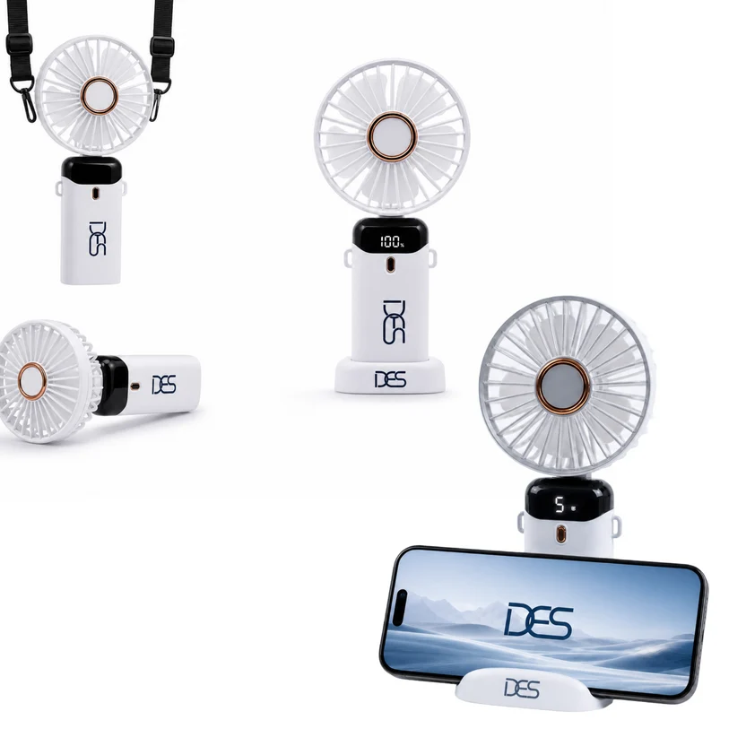 DES white portable fan shown upright and folded