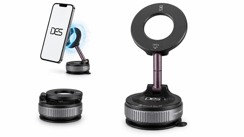 DES MagPro vacuum phone holder, folded and extended