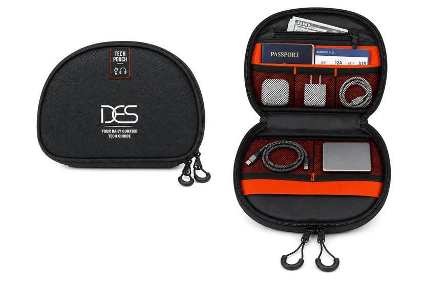 DES Tech Pouch, closed and open with orange interior