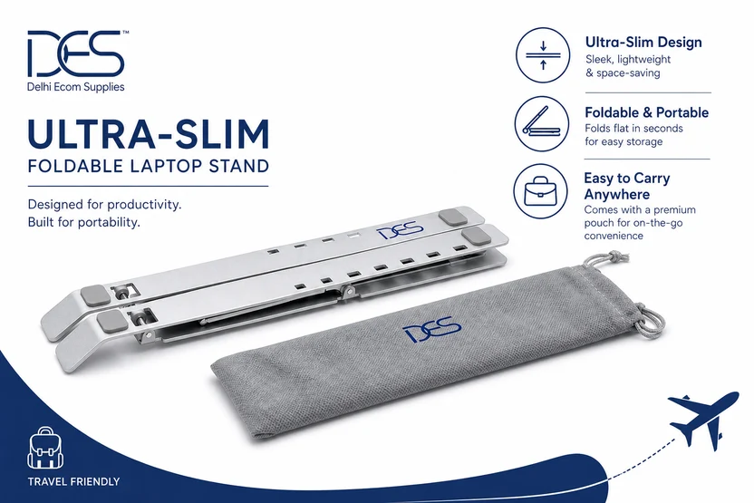 DES adjustable folding aluminium laptop stand with storage sleeve